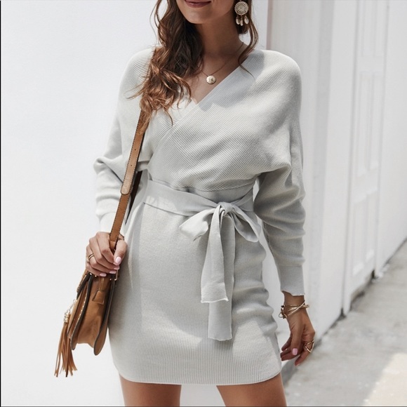 Dresses & Skirts - Classy Grey Wrap Tie Waist Dolman Sweater Dress S